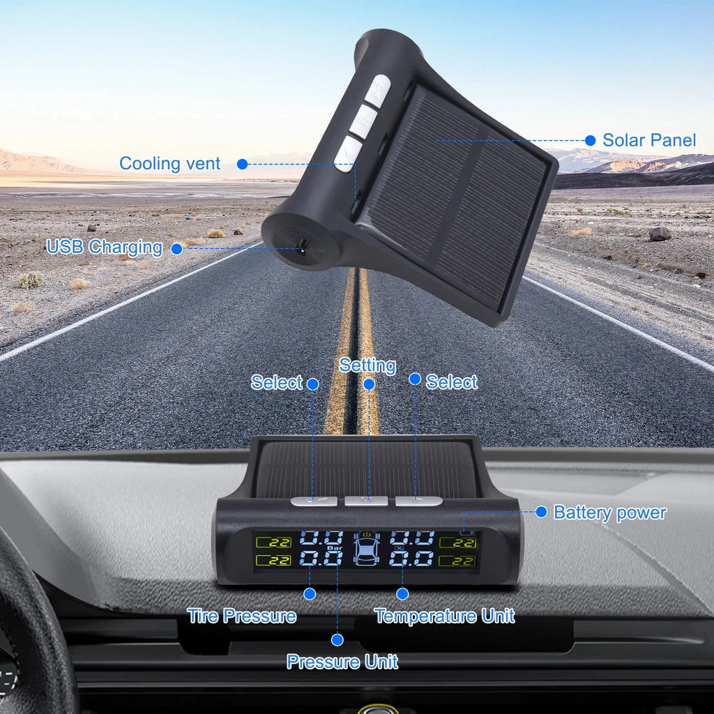 Solar TPMS Tire Pressure Monitoring System with 4 Wireless Sensors