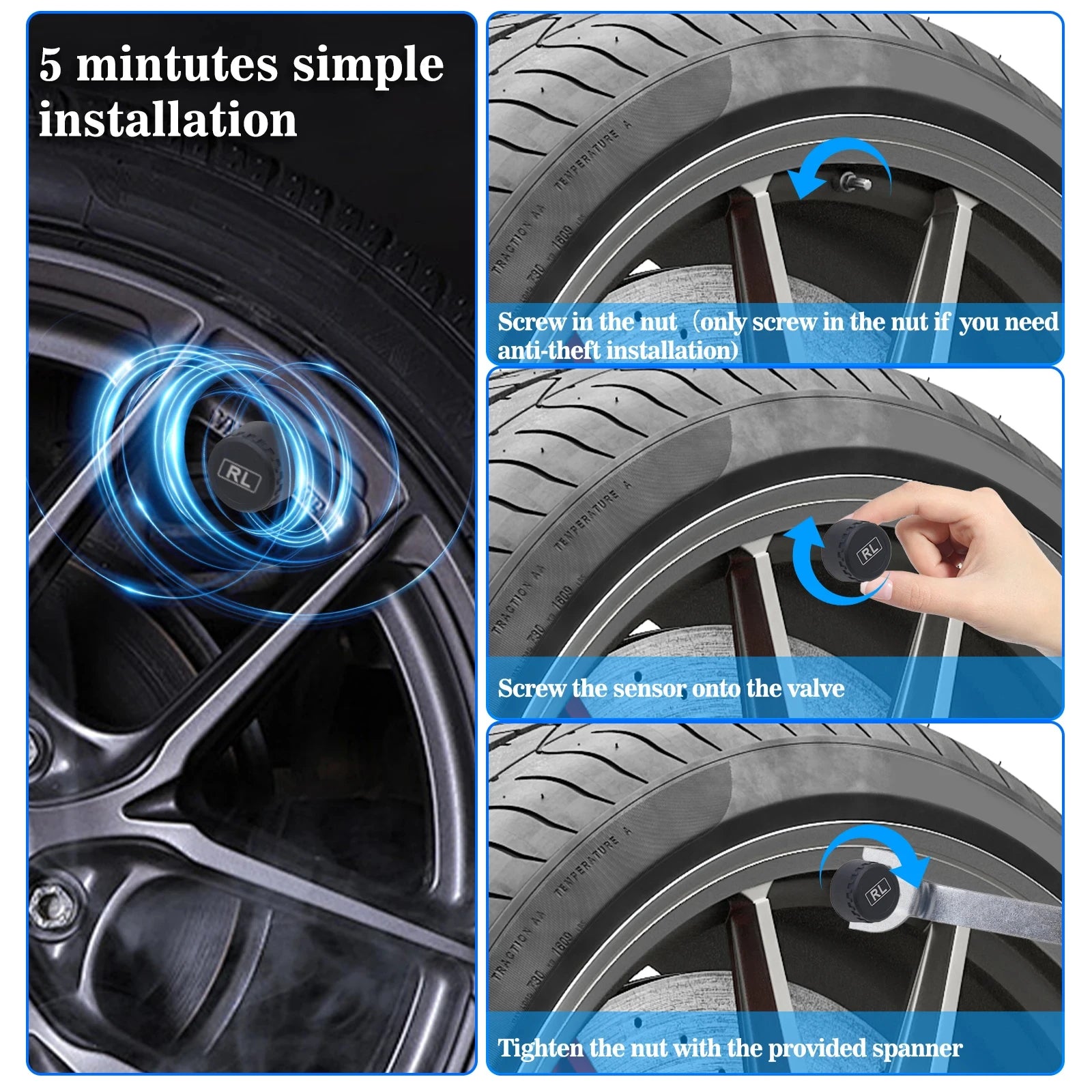 Solar TPMS Tire Pressure Monitoring System with 4 Wireless Sensors