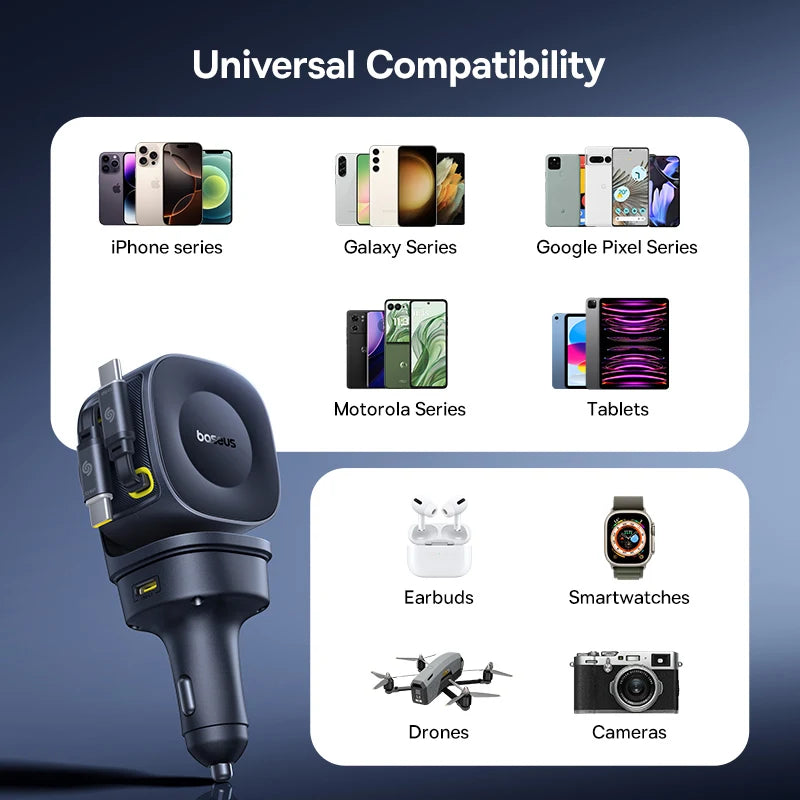 Baseus Car Charger 60W 100W 30W 240W 4 ports Built in Dual Retractable Cable PD Fast Charging USB Type-C Car Phone Charger