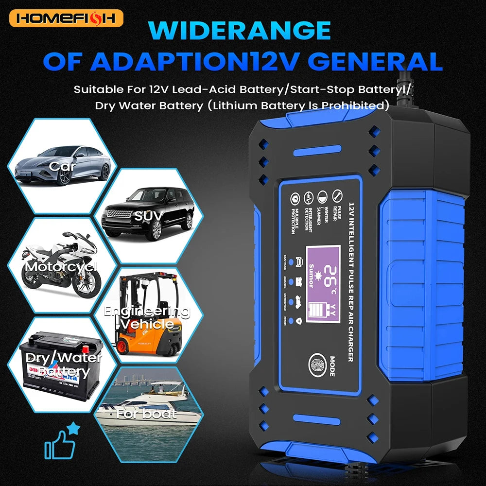 Smart Automatic 12V Car Battery Charger with LCD Display
