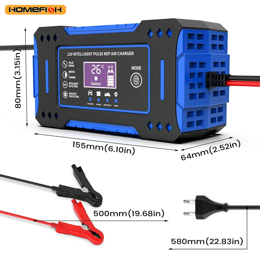 Smart Automatic 12V Car Battery Charger with LCD Display