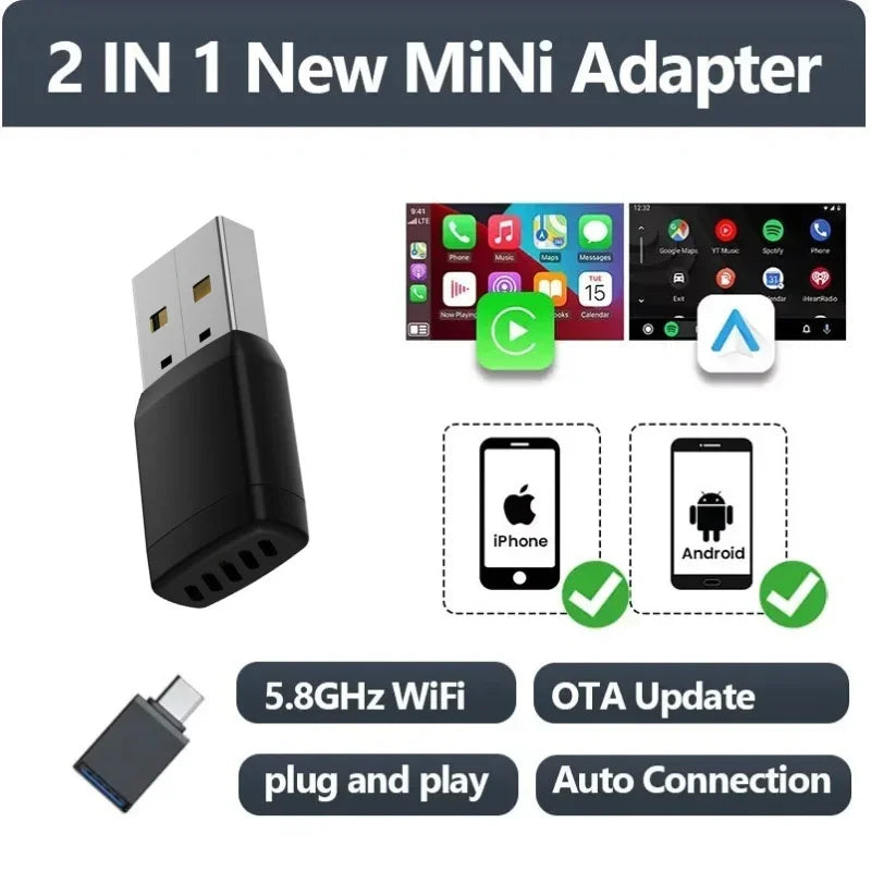 Wireless Adapter Smart Wireless CarPlay Android Auto USB Dongle WiFi Bluetooth Auto Connection OTA Upgrade for Original Cars